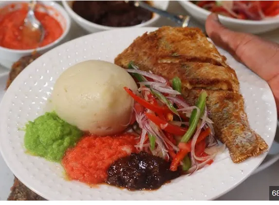 FRIED FISH WITH BANKU, FRESH PEPPER/ SHITO